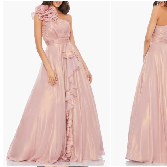 MAC DUGGAL 49252 ONE SHOULDER ROSETTE IRIDESCENT ROSE GOLD GOWN sz 12 - Picture 3 of 5